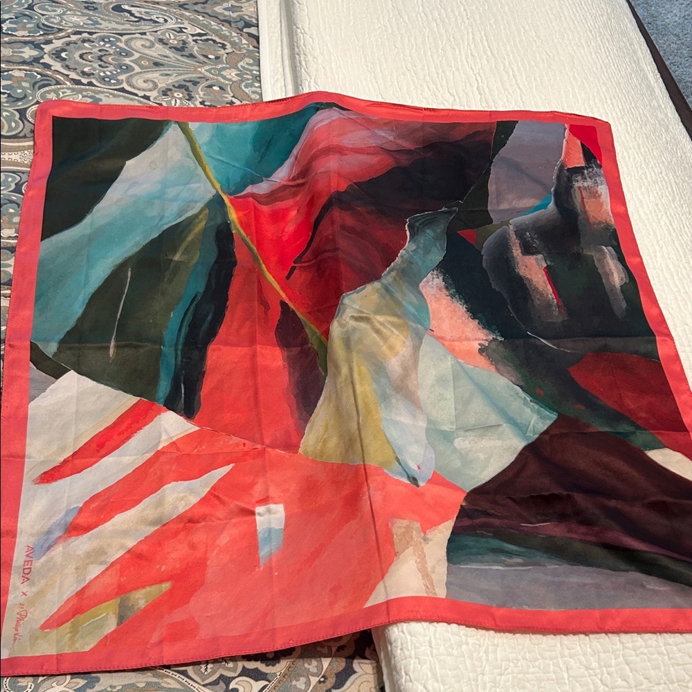 AVEDA Red and Cream Silk Scarf